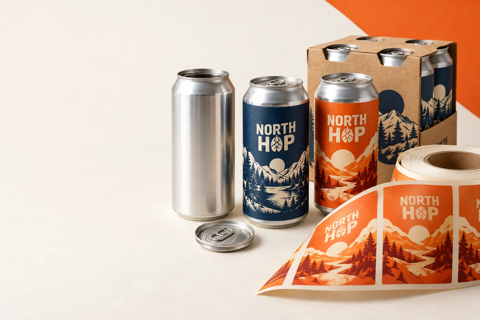 Silver brite cans, aluminum lids, custom labeled cans, label roll and kraft carrier