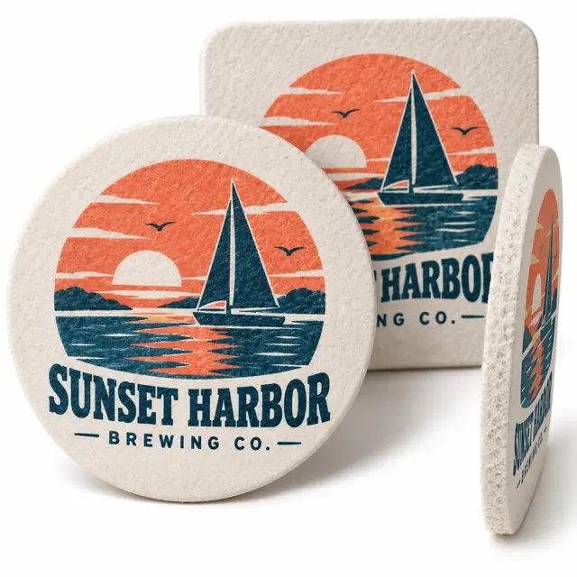 Absorbent bar coasters with Sunset Harbor brewery print