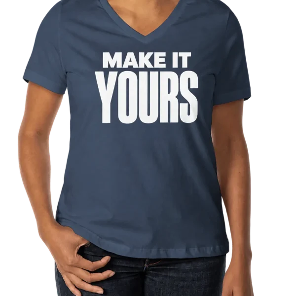 Custom Bella + Canvas Women’s Jersey V-Neck T-shirt - Navy custom print example; your uploaded design replaces the example artwork