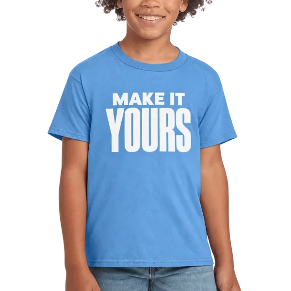 Custom Gildan Youth Softstyle Jersey T-shirt - Carolina Blue custom print example; your uploaded design replaces the example artwork