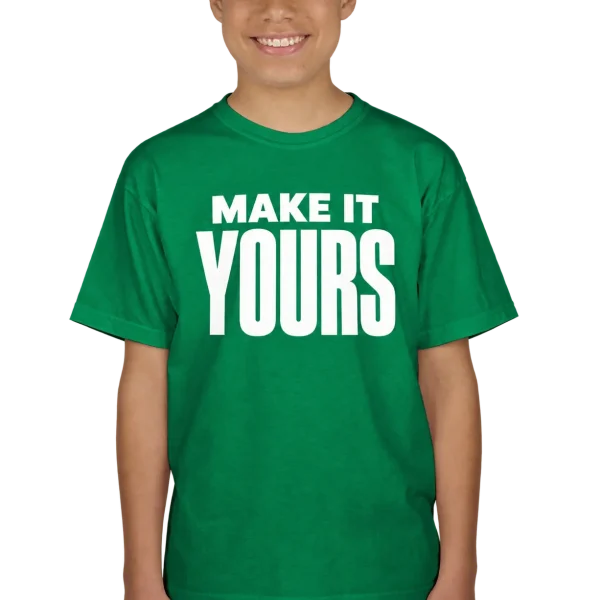 Custom Gildan Youth Ultra Cotton T-shirt - Irish Green custom print example; your uploaded design replaces the example artwork