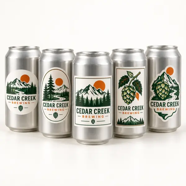 Custom printed white labels applied to silver brite cans