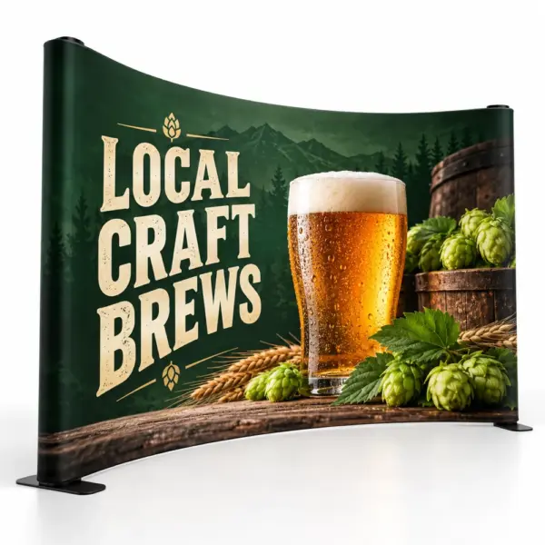 Illustrative custom brewery branding on Curvedbackdrop