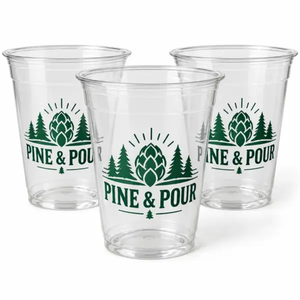 Custom Brewery Clear Plastic Cups 12 oz – 1-Color Printing with printed brewery logo sample