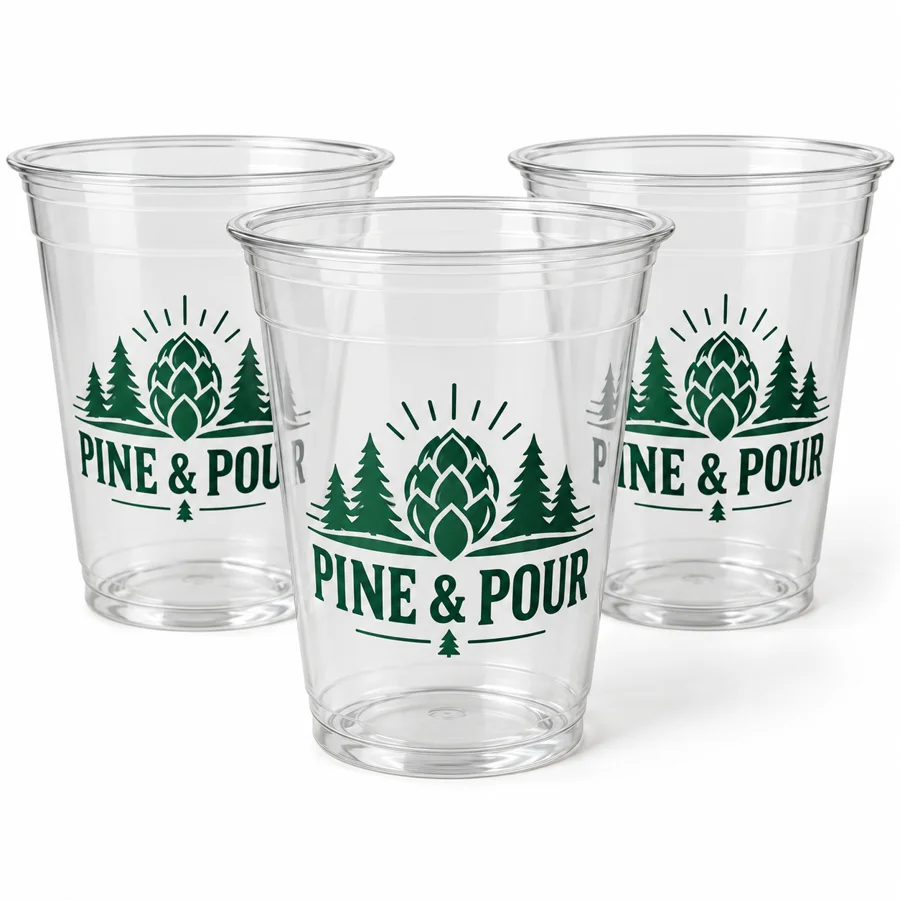 Custom Brewery Clear Plastic Cups 12 oz – 1-Color Printing with printed brewery logo sample