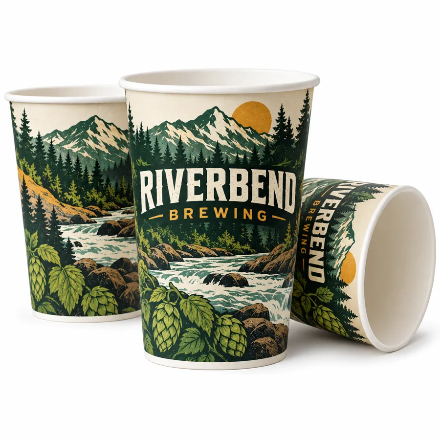 Custom Brewery Full-Print Paper Cups with printed brewery logo sample
