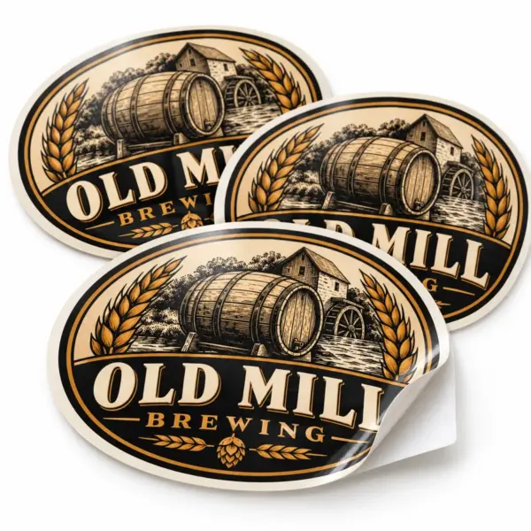 Custom Brewery Oval Stickers with illustrative custom brewery artwork