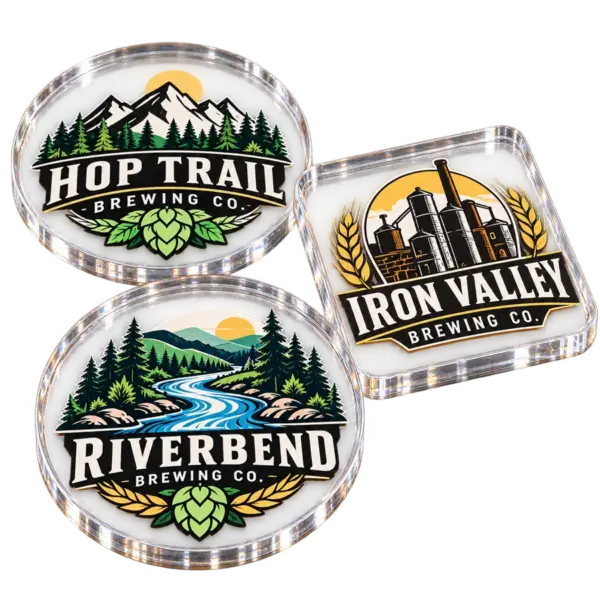 Brewery acrylic coasters with custom brewery logo samples on a transparent background
