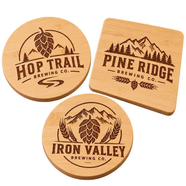 Brewery bamboo coasters with custom brewery logo samples on a transparent background