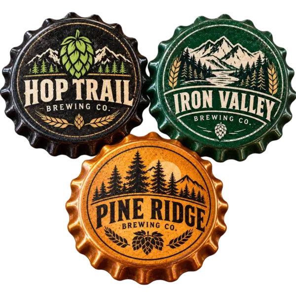 Brewery cap coasters with custom brewery logo samples on a transparent background