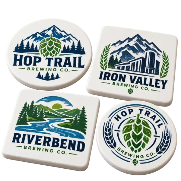 Brewery ceramic coasters with custom brewery logo samples on a transparent background