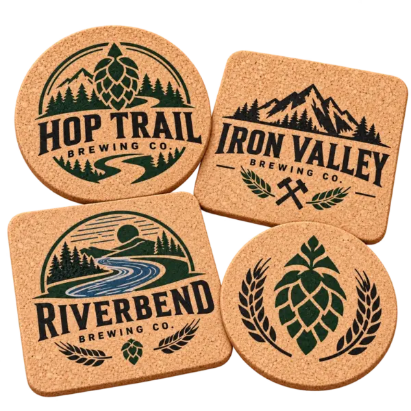 Brewery cork coasters with custom brewery logo samples on a transparent background