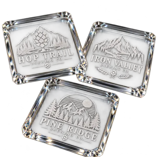 Brewery crystal coasters with custom brewery logo samples on a transparent background