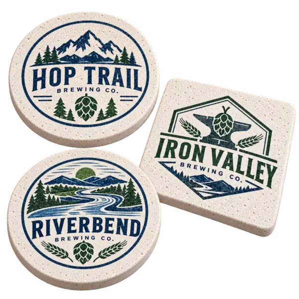 Brewery diatom coasters with custom brewery logo samples on a transparent background