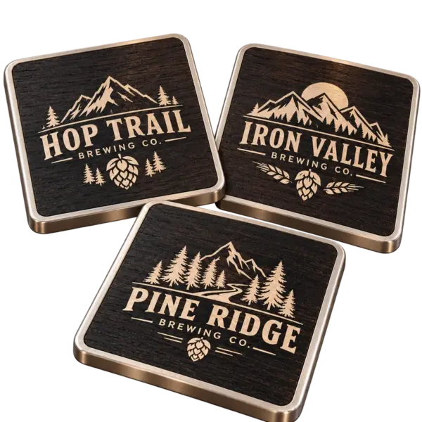 Brewery ebony coasters with custom brewery logo samples on a transparent background