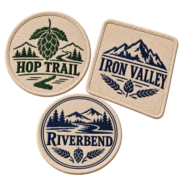 Brewery fabric coasters with custom brewery logo samples on a transparent background