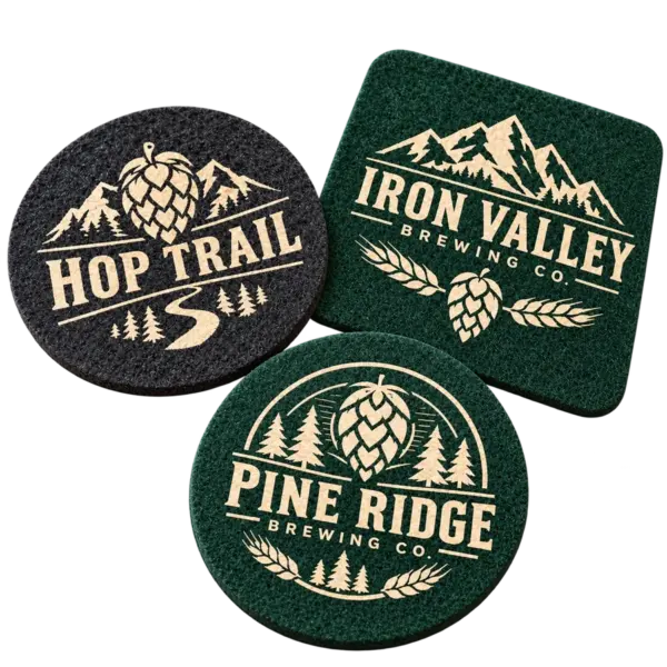 Brewery felt coasters with custom brewery logo samples on a transparent background