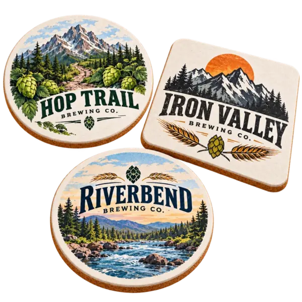 Brewery fiberboard coasters with custom brewery logo samples on a transparent background