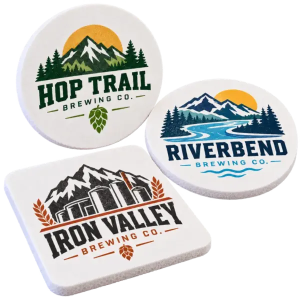 Brewery foam coasters with custom brewery logo samples on a transparent background