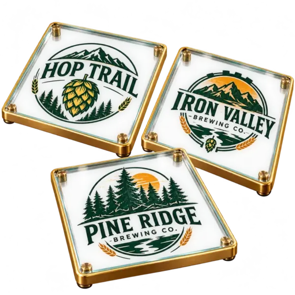 Brewery glass coasters with custom brewery logo samples on a transparent background