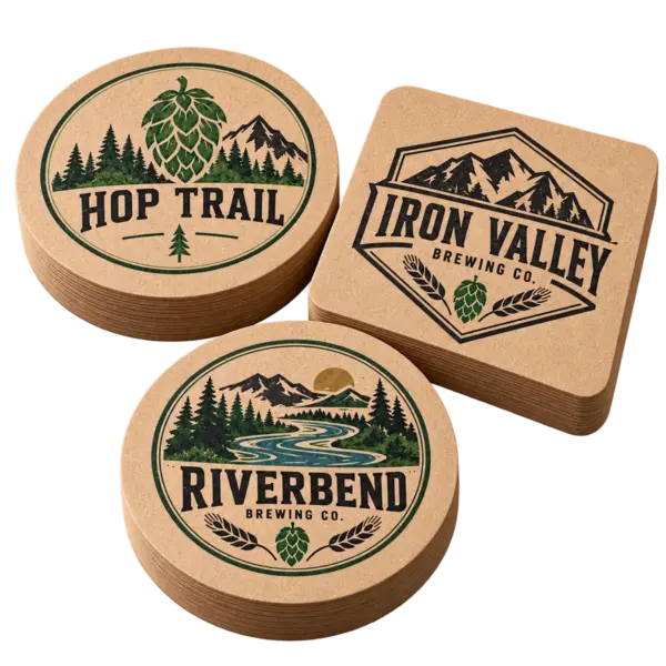 Brewery kraft coasters with custom brewery logo samples on a transparent background