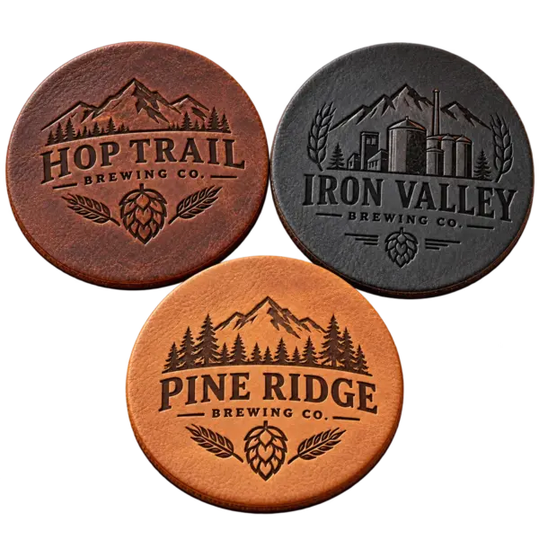 Brewery leather coasters with custom brewery logo samples on a transparent background