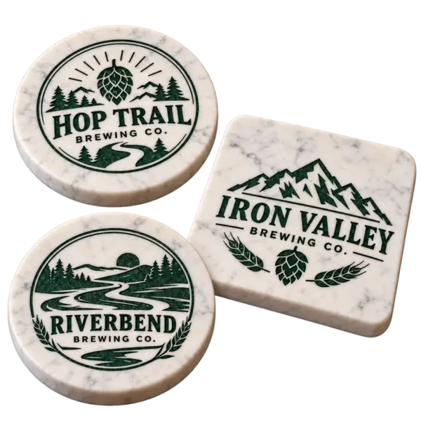 Brewery marble coasters with custom brewery logo samples on a transparent background