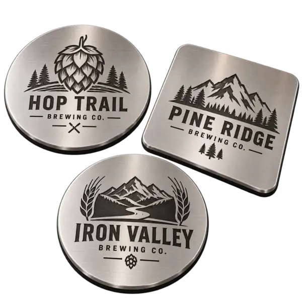 Brewery metal coasters with custom brewery logo samples on a transparent background