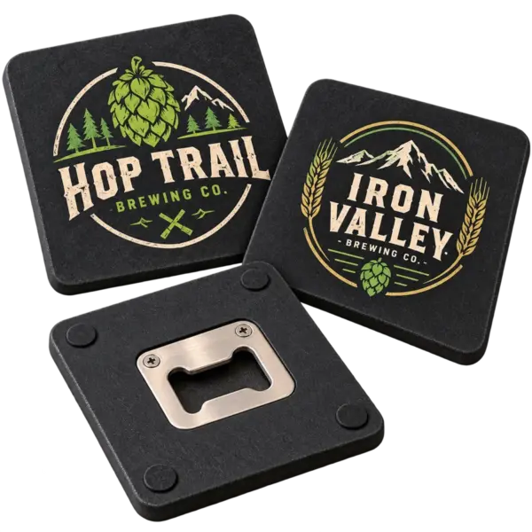 Brewery opener coasters with custom brewery logo samples on a transparent background