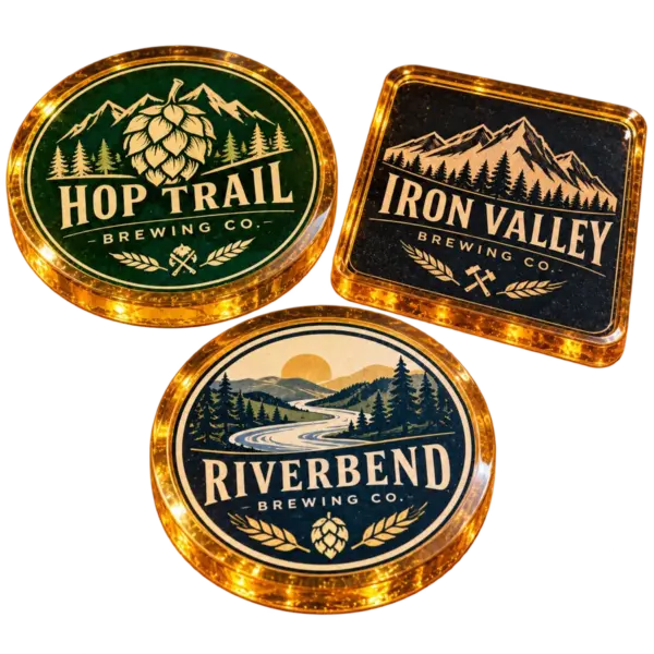 Brewery resin coasters with custom brewery logo samples on a transparent background