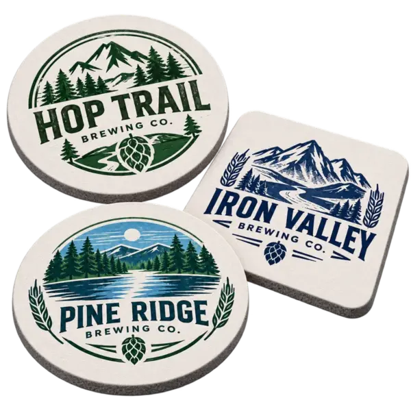 Brewery soft diatom coasters with custom brewery logo samples on a transparent background