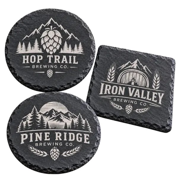 Brewery stone coasters with custom brewery logo samples on a transparent background
