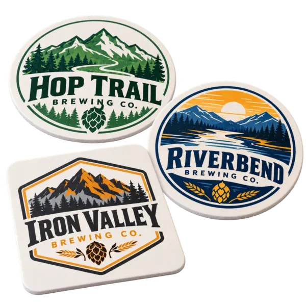 Brewery vinyl coasters with custom brewery logo samples on a transparent background