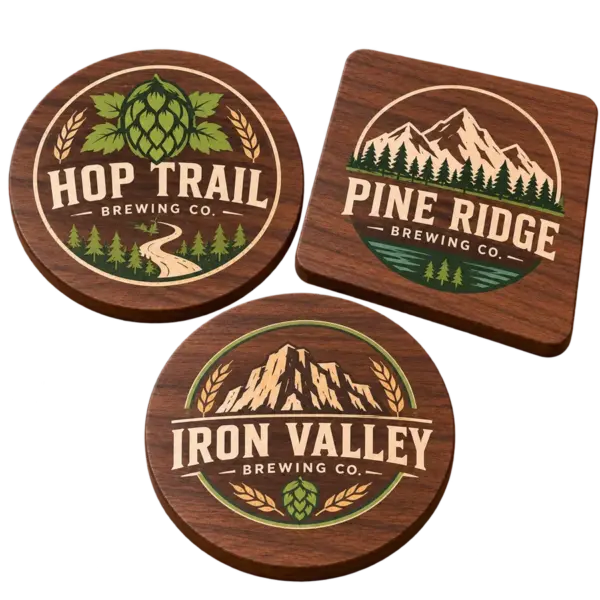 Brewery walnut coasters with custom brewery logo samples on a transparent background